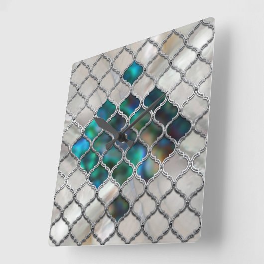 真珠とカラーシェル上のモロッコのパターン スクエア壁時計 (傾斜)