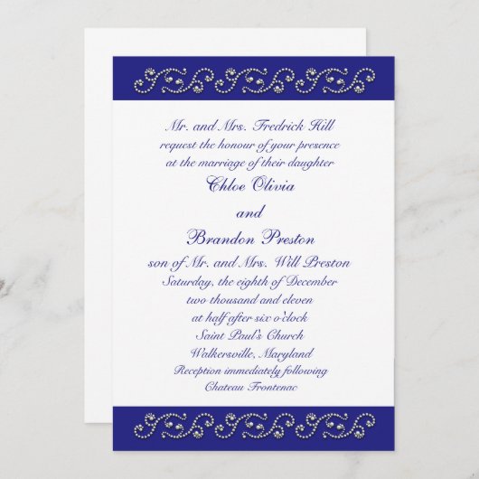 真珠とサファイアブルー結婚式招待状 招待状 (正面/裏面)