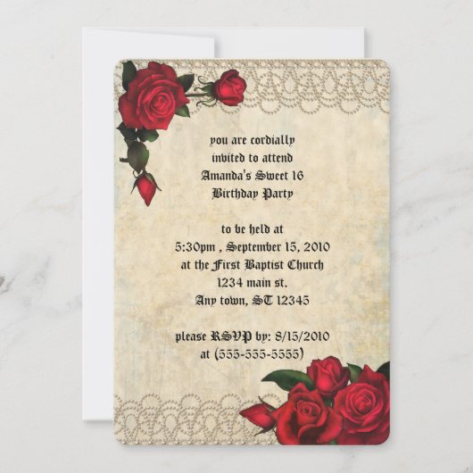 真珠とバラのヴィンテージ写真Sweet 16 招待状 (正面)