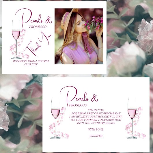 真珠とプロセッコのエレガント写真ブライダルシャワー サンキューカード