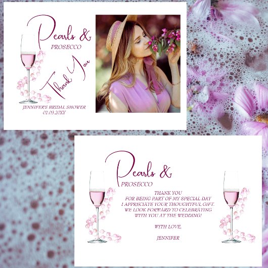 真珠とプロセッコのエレガント写真ブライダルシャワー サンキューカード