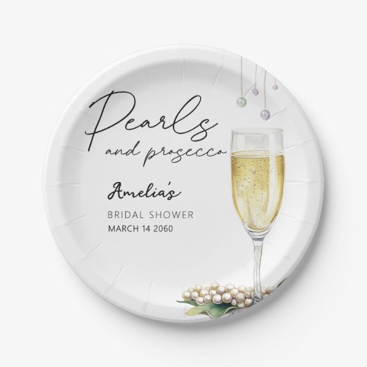 真珠とプロセッコのエレガント緑ブライダルシャワー ペーパープレート (正面)