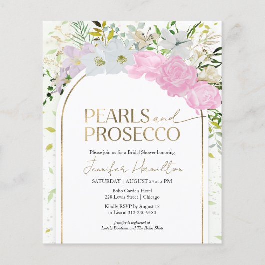 真珠とプロセッコのブライダルシャワーの招待 (正面)