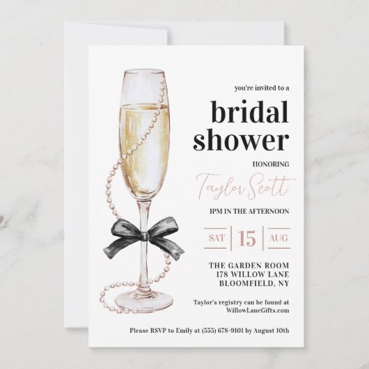 真珠とプロセッコのブライダルシャワーの招待 招待状 (正面)