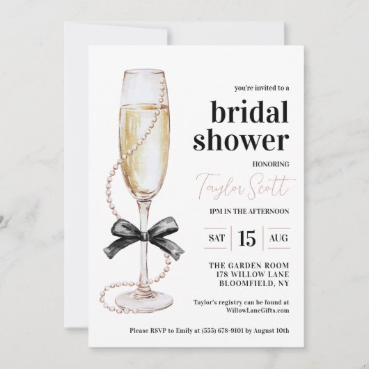 真珠とプロセッコのブライダルシャワーの招待 招待状 (正面)
