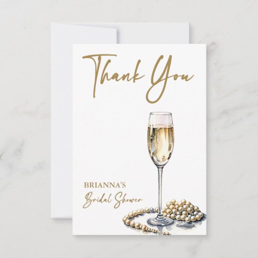 真珠とプロセッコのブライダルシャワーエレガント印刷 サンキューカード (正面)