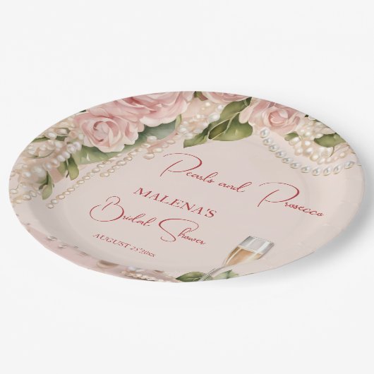 真珠とプロセッコのブライダルシャワーエレガント印刷 ペーパープレート (アングル)