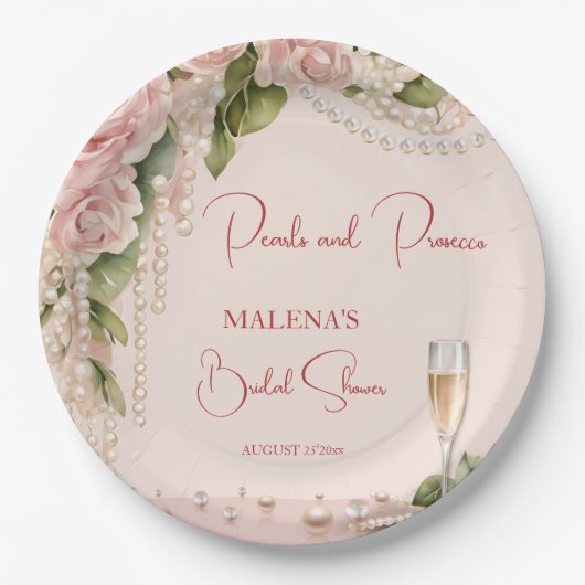 真珠とプロセッコのブライダルシャワーエレガント印刷 ペーパープレート (正面)