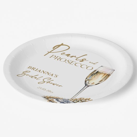 真珠とプロセッコのブライダルシャワーエレガント印刷 ペーパープレート (アングル)
