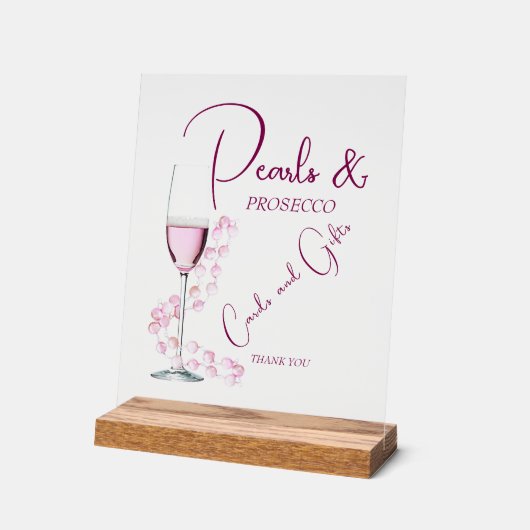 真珠とプロセッコのブライダルシャワーカードとギフト アクリルサイン (傾斜)