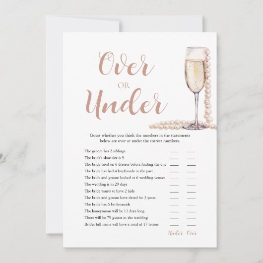 真珠とプロセッコの上または下ブライダルシャワーゲーム 招待状 (正面)