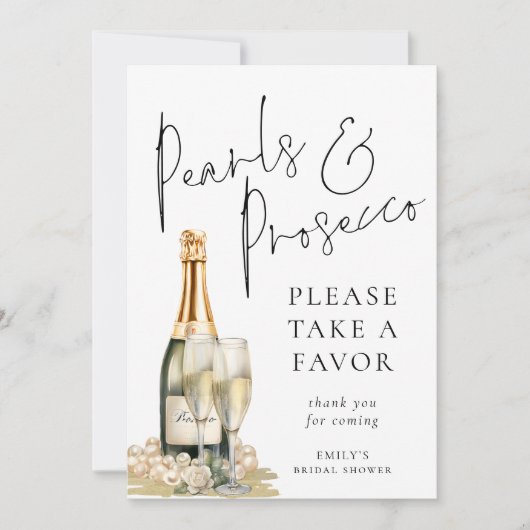 真珠とプロセッコの好意ブライダルシャワーの看板 招待状 (正面)