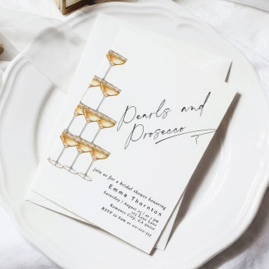 真珠とプロセッコエレガントモダンブライダルシャワー 招待状