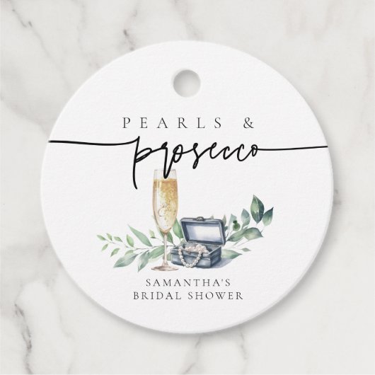 真珠とプロセッコエレガント金ゴールドブライダルシャワー フェイバータグ (正面)