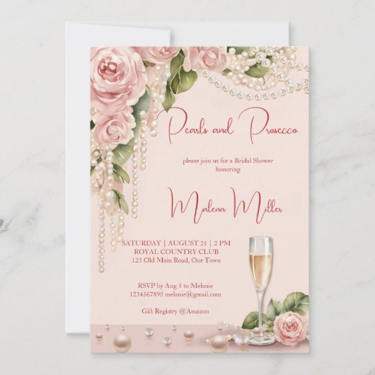 真珠とプロセッコブライダルシャワーエレガントピンク 招待状 (正面)