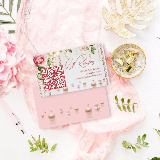 真珠とプロセッコブライダルシャワーqrギフトレジストリ エンクロージャーカード