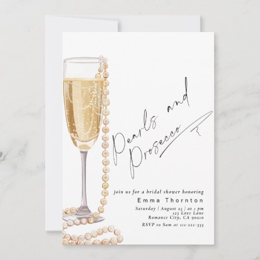 真珠とプロセッコミニマルモダンブライダルシャワー 招待状 (正面)