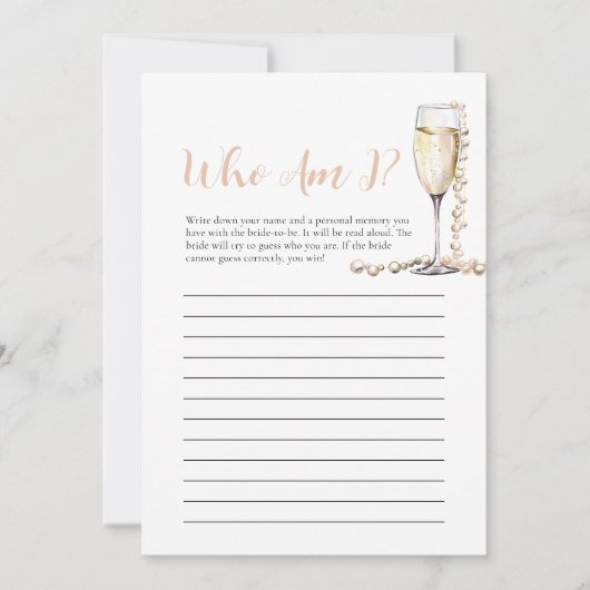 真珠とプロセッコ誰が私のブライダルシャワーゲーム 招待状 (正面)
