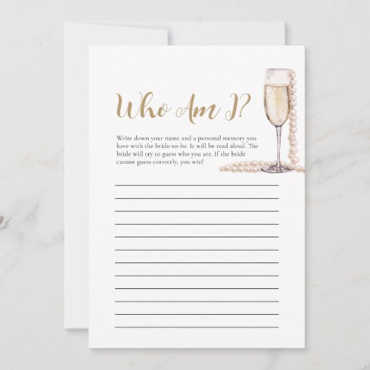 真珠とプロセッコ誰が私のブライダルシャワーゲーム 招待状 (正面)