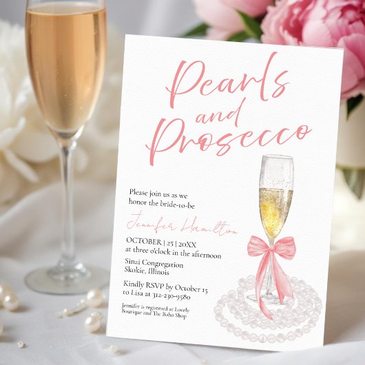 真珠とプロセッコ | ボウウォーターのカラーブライダルシャワー 招待状