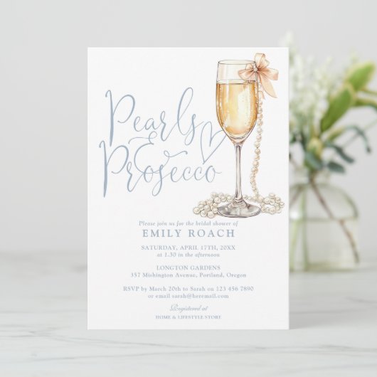 真珠とプロセッコQRコードブルーブライダルシャワー 招待状 (スタンド正面)