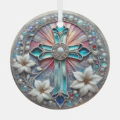 真珠とポインセティアスとステンドグラス十字 ガラスオーナメント (正面)