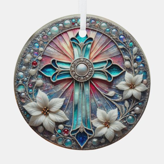 真珠とポインセティアスとステンドグラス十字 ガラスオーナメント (裏面)