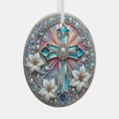 真珠とポインセティアスとステンドグラス十字 ガラスオーナメント (正面右)