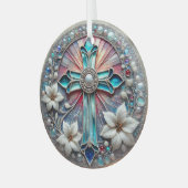 真珠とポインセティアスとステンドグラス十字 ガラスオーナメント (正面左)