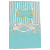 真珠とレースのアクアストライプーのクリーム弓の名前 ミディアムペーパーバッグ (正面)