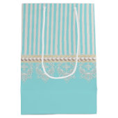 真珠とレースのアクアストライプーのクリーム弓の名前 ミディアムペーパーバッグ (裏面)