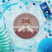 真珠とレースの深いレッドストライプの弓と名前 ペーパープレート (パーティー)