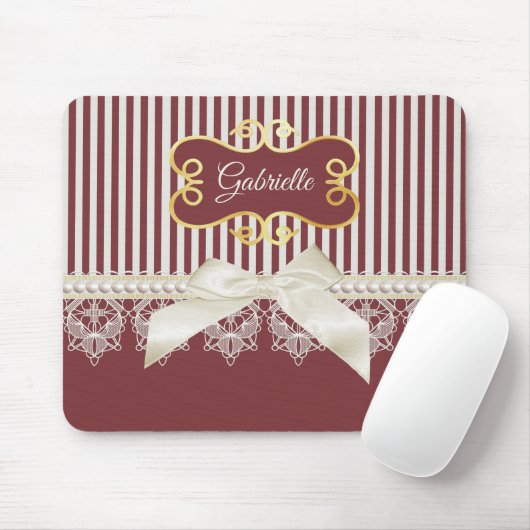 真珠とレースの深いレッドストライプの弓と名前 マウスパッド (マウス)