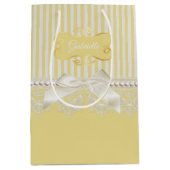 真珠とレースの金ゴールドストライプアイボリー弓の名前 ミディアムペーパーバッグ (正面)