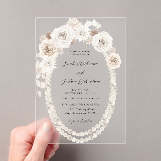 真珠と白のフローラ結婚のV2 アクリル招待状 (インサイチュ (ポータブル))