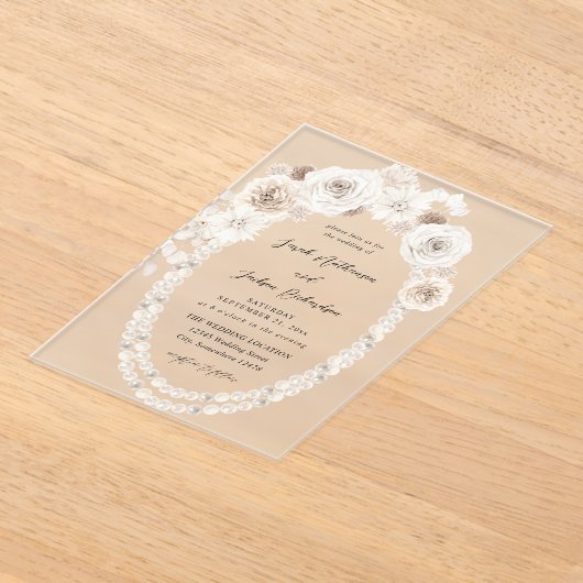 真珠と白のフローラ結婚のV2 アクリル招待状 (レイダウン)