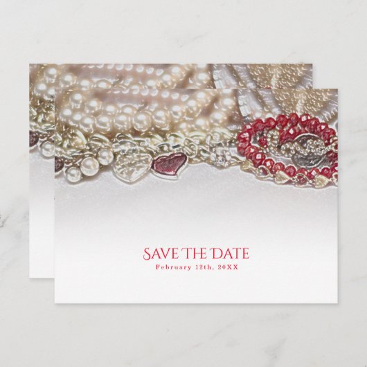 真珠と赤バレンタインの愛の宝石日付を保存 案内ポストカード (正面/裏面)