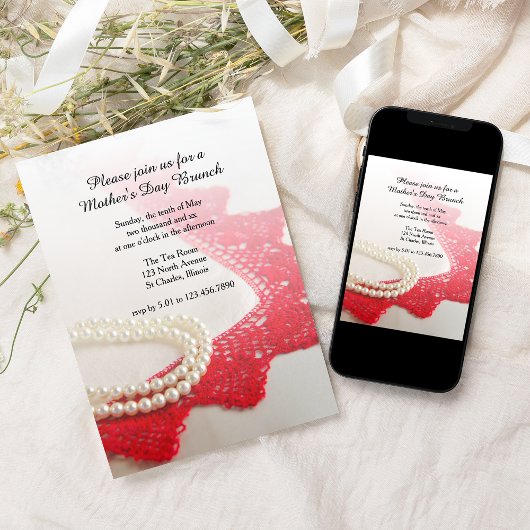 真珠と赤レース母の日ブランチ 招待状