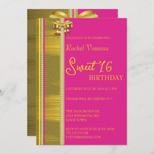 真珠と金ゴールドスウィート16 招待状 (正面/裏面)