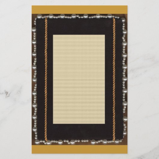 真珠と金ゴールドロを備えたフェイク黒サテン絹の枠 便箋 (正面)