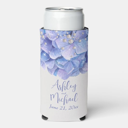 真珠と青あじさい結婚のゲストの贈り物 スリム缶クーラー (Seltzer正面)