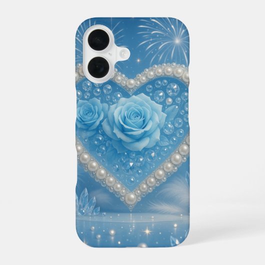 真珠と青のバラのハートiPhoneケース – Fanta iPhone 16ケース (裏面)