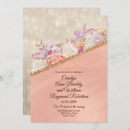 真珠のような珊瑚のアイボリーおよび金ゴールドの花の結婚式 招待状 (正面/裏面)