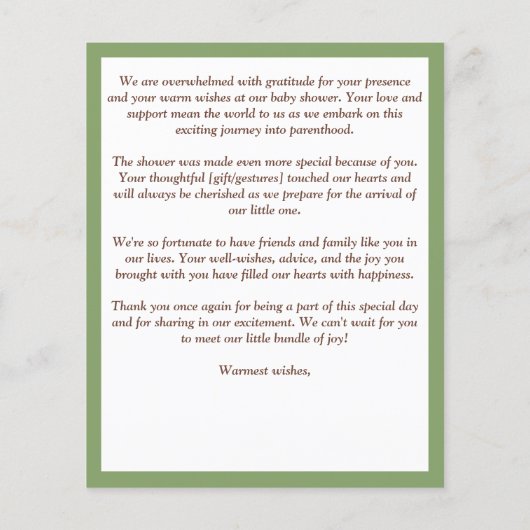 真珠のように待つテディ緑のベビーシャワーサンキューカード (裏面)