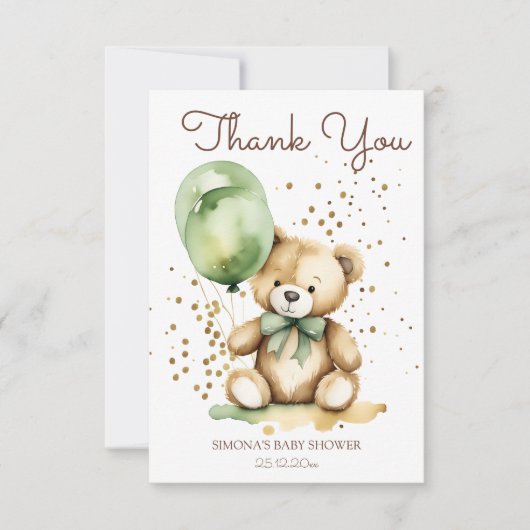 真珠のように待つテディ緑のベビーシャワーサンキューカード 招待状 (正面)