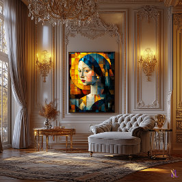 真珠のイヤリングのステンドグラスのモザイクを持つ女の子 キャンバスプリント