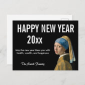 真珠のイヤリングを持つ女の子から新年おめでとう ポストカード (正面/裏面)