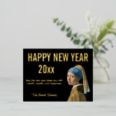 真珠のイヤリングを持つ女の子から新年おめでとう 箔シーズンポストカード (立ち正面)