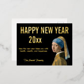 真珠のイヤリングを持つ女の子から新年おめでとう 箔シーズンポストカード (正面/裏面)