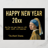 真珠のイヤリングを持つ女の子から新年おめでとう 箔シーズンポストカード (正面)